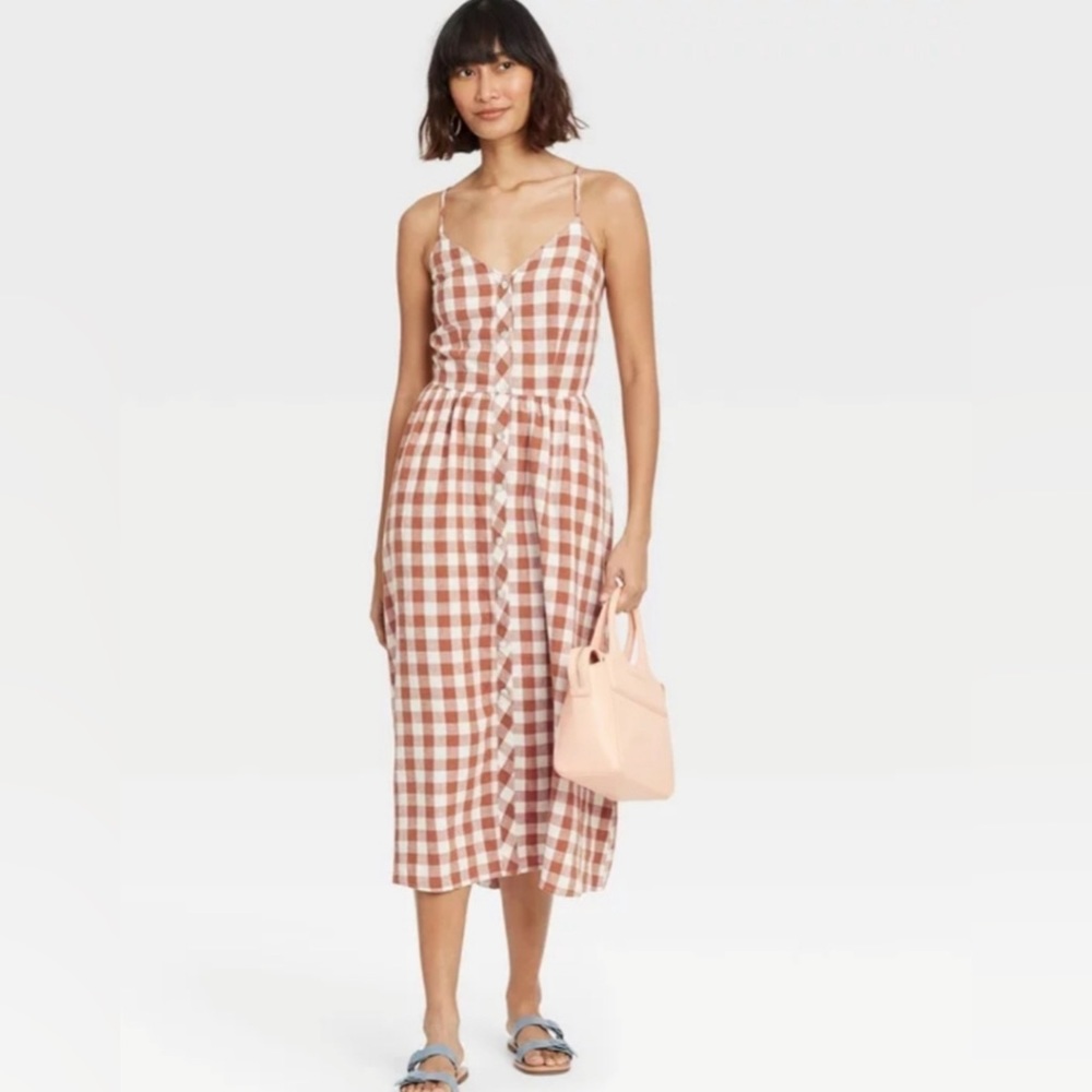 Brown & White Gingham Midi Dress - A New Day